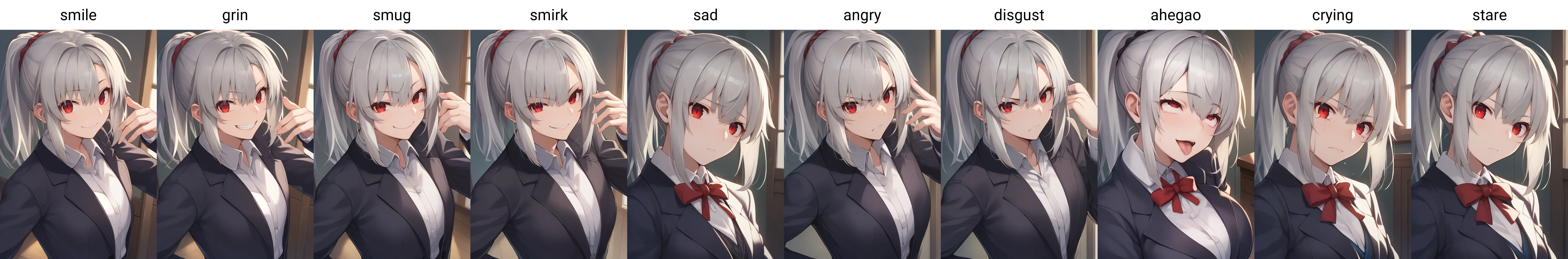 score_9, score_8_up, score_7_up, source_anime, 1girl,red eyes,smile, room, ponytail,grey hair, portrait,hand on hip, blazer, by nekodaruma <lora:Nekodaruma-Style-PonyXL:1>