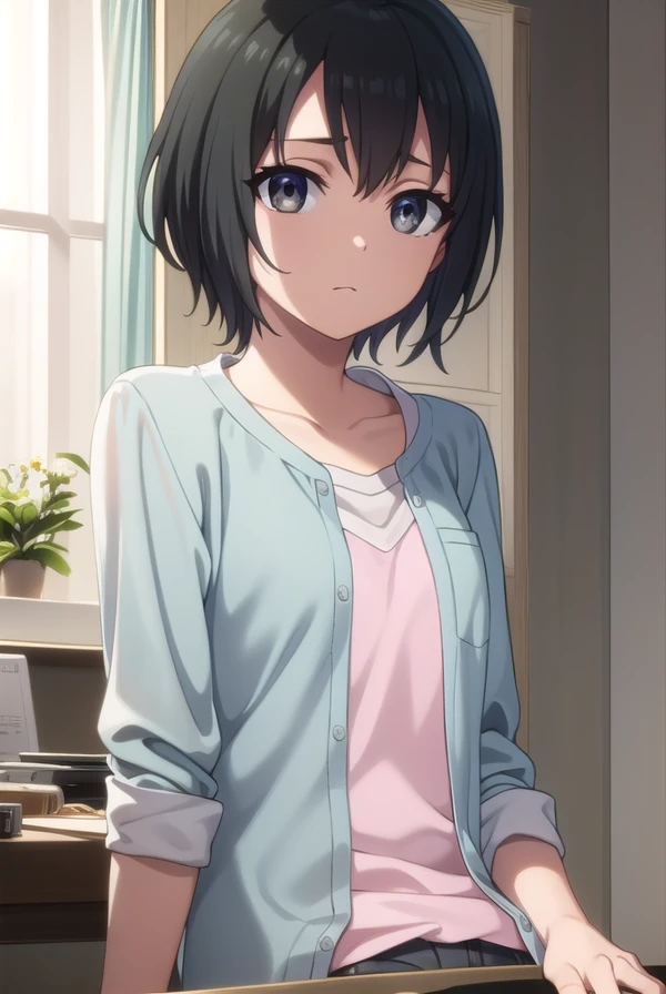misatoudou, <lora:misa toudou s1-lora-nochekaiser:1>,
misa toudou, short hair, black hair, ahoge, (black eyes:1.3),
BREAK shirt, plaid shirt, open clothes, pink shirt, pants,
BREAK indoors, office,
BREAK looking at viewer, dynamic pose,
BREAK <lyco:GoodHands-beta2:1>, (masterpiece:1.2), best quality, high resolution, unity 8k wallpaper, (illustration:0.8), (beautiful detailed eyes:1.6), extremely detailed face, perfect lighting, extremely detailed CG, (perfect hands, perfect anatomy),