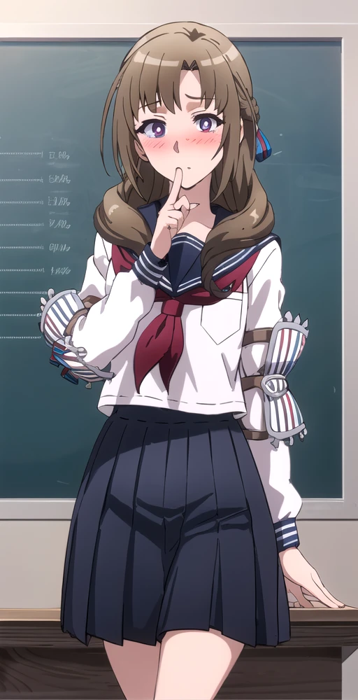 MOV2, 1girl, solo, blush, looking at viewer, school uniform, short skirt, pauldrons, classroom, worried, (finger on chin), on desk, perfect quality, good quality, masterpiece, HDR, UHD <lora:Mamako Oosuki V2-000004:0.8>