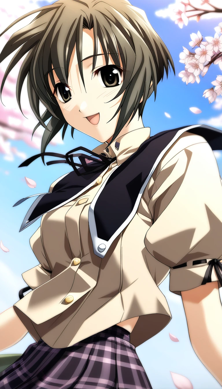 1girl,Kurosu Kanata,school uniform, black collar with a white border, plaid skirt, brown shirt, short sleeves, black ribbon, triangular button, cherry blossoms, petals, smile, day, wind, :d, outdoors,masterpiece,solo,best quality,game cg,(depth of field:0.6),(detailed beautiful eyes:1.3),(beautiful face:1.2),<lora:KurosuKanataXL:1>,