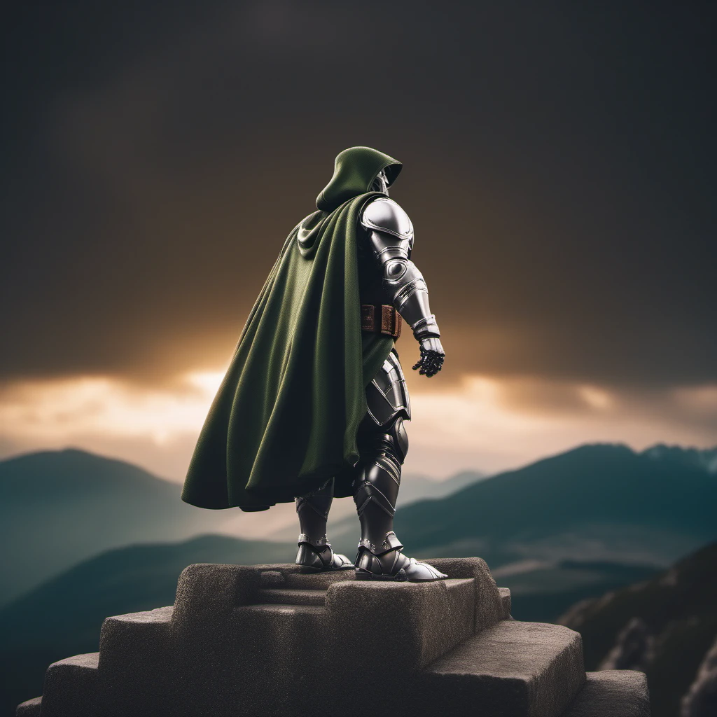dr doom, full body, with an helmet and a hood, powerfull, on top of the world, world domination <lora:DrDoom1024:0.8>