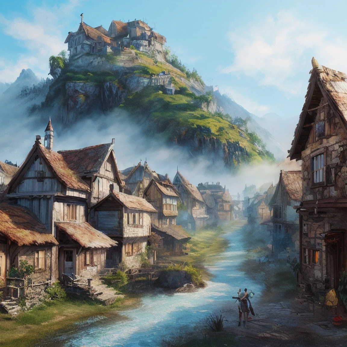 epic digital concept art illustration of a dragon on a village, brush strokes, acrylic painting, splatter and drip painting technique