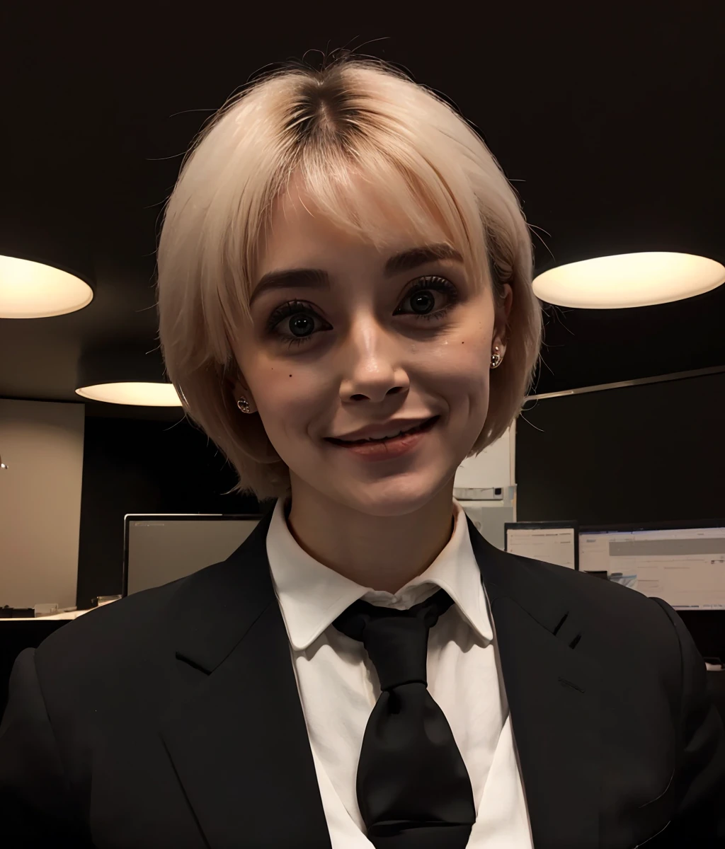 1girl,big eyes,dilated pupils,crazy smile,(head tilt),white face,looking at viewer,pale skin,short hair,aiovia,black suit,necktie,upper_body,solo,no humans,office,darkness,black_theme,Uncanny Valley,<lora:Horror_Uncanny_Valley_v1.0:0.8>,