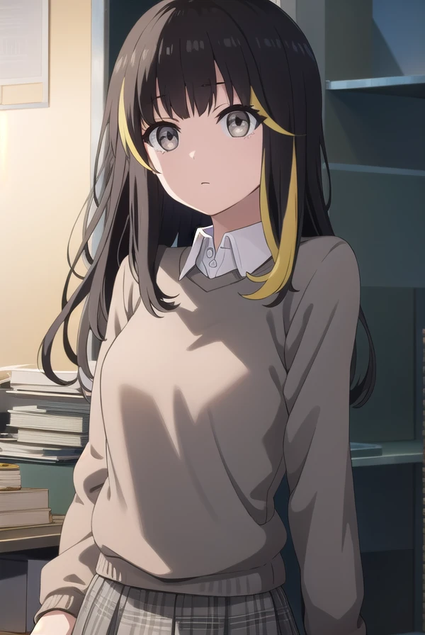 tsubakiandou, <lora:tsubaki andou s1-lora-nochekaiser:1>,
tsubaki andou, long hair, blonde hair, black hair, multicolored hair, streaked hair, (grey eyes:1.3),
BREAK skirt, shirt, pantyhose, collared shirt, sweater,
BREAK indoors, office,
BREAK looking at viewer, dynamic pose,
BREAK <lyco:GoodHands-beta2:1>, (masterpiece:1.2), best quality, high resolution, unity 8k wallpaper, (illustration:0.8), (beautiful detailed eyes:1.6), extremely detailed face, perfect lighting, extremely detailed CG, (perfect hands, perfect anatomy),