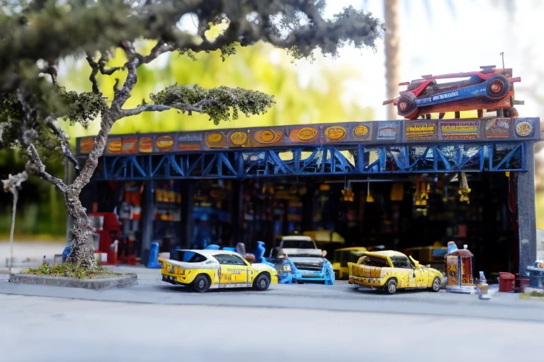 Toy repair shop,car,repair shop,tree,<lora:xiaorenï¼ä¿®çåææ-èªç»ï¼:1>,a base person,, masterpiece, best quality,