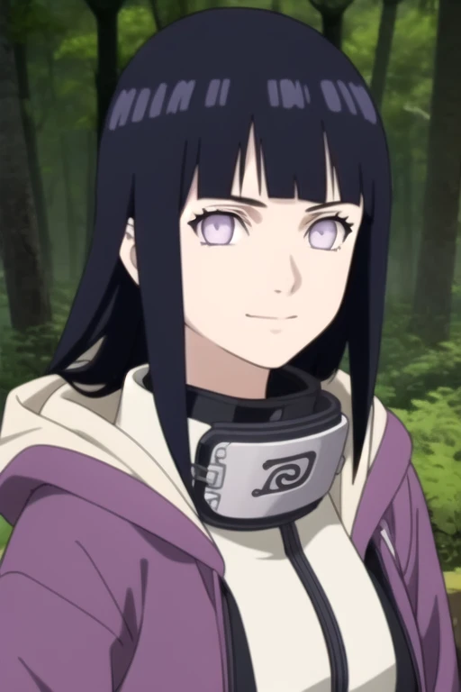 ((masterpiece)),(best quality),official art,extremely detailed CG,unity 8k wallpaper,ultra detailed,beautiful detailed eyes,extremely detailed face,forest,nature,1girl,solo,upper body,(portrait:1.5),looking at viewer,facing viewer,anime coloring,smile,hyuuga hinata,long hair,black hair,sidelocks,blunt bangs,purple eyes,white eyes,no pupils,forehead protector,konohagakure symbol,long sleeves,purple jacket,hood down,medium breasts,pants,sandals,<lora:Hyuuga Hinata(naruto)>,