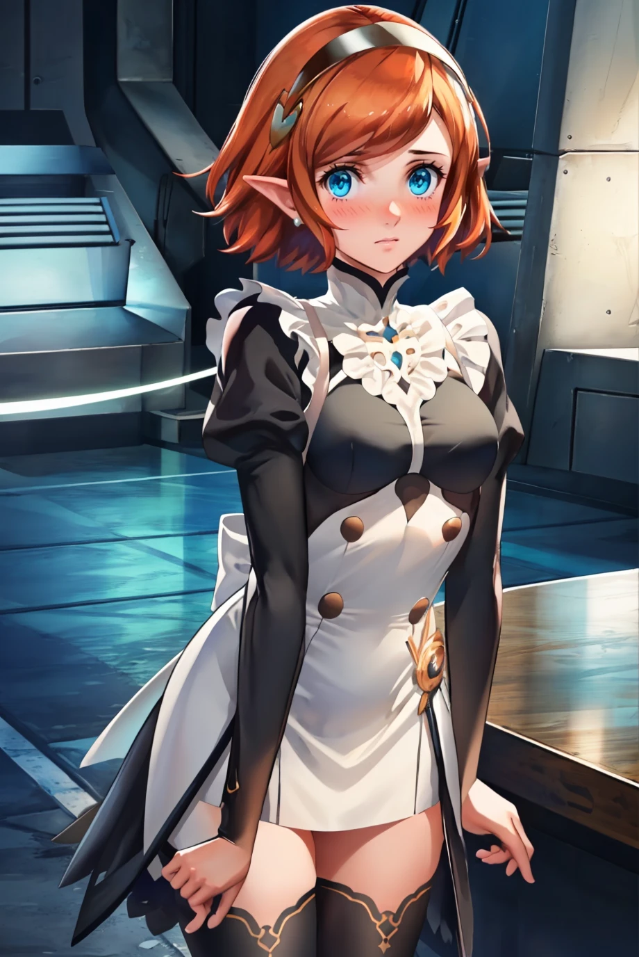 masterpiece, 1girl, cowboy shot, looking at viewer, medium breasts, embarrassed, blush, <lora:GallicaMR-bsinky-v1:0.8> gallicamr, short hair, hairband, pointy ears, <lora:FEFatesMaid_v1:1> fates maid, black thighhighs, mansion