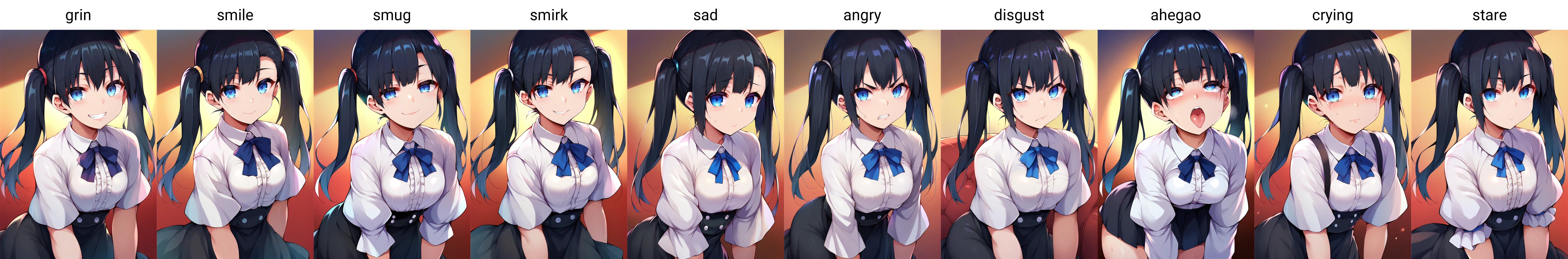 score_9, score_8_up, score_7_up, source_anime, 1girl,blue eyes,twintails, black hair, white blouse, black skirt, grin,looking at viewer, by senastronomy <lora:SeNStyle-PonyXL-000036:1>
