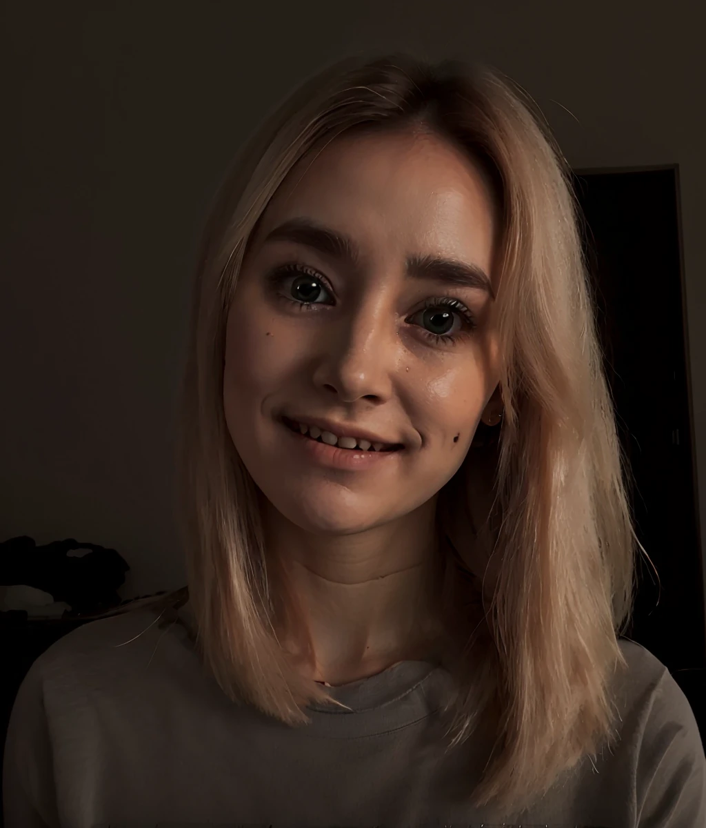 1girl,big eyes,dilated pupils,smile,pale skin,looking at viewer,(head tilt),upper_body,solo,no humans,darkness,dark room,night,Uncanny Valley,<lora:Horror_Uncanny_Valley_v1.0:0.8>,