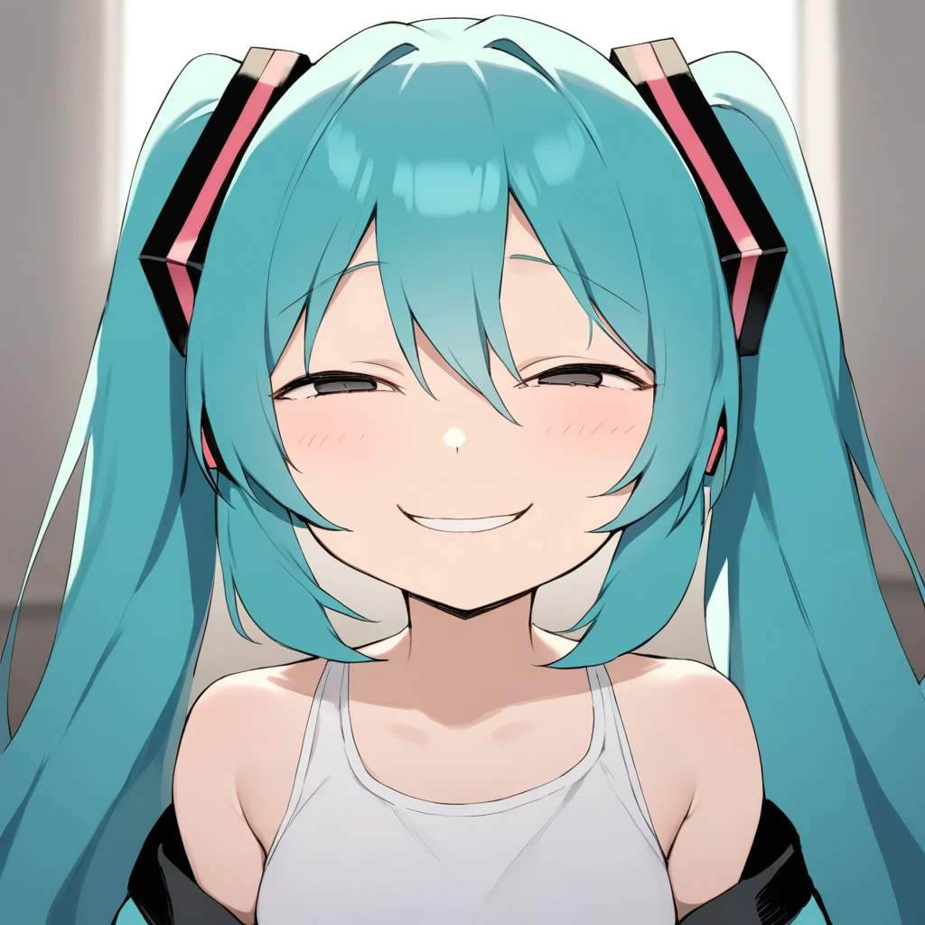 <lora:xl_anya's_heh_face(kohaku_delta)-000007:1>,aniya face,smile,black eyes,hatsune miku,, masterpiece, best quality,