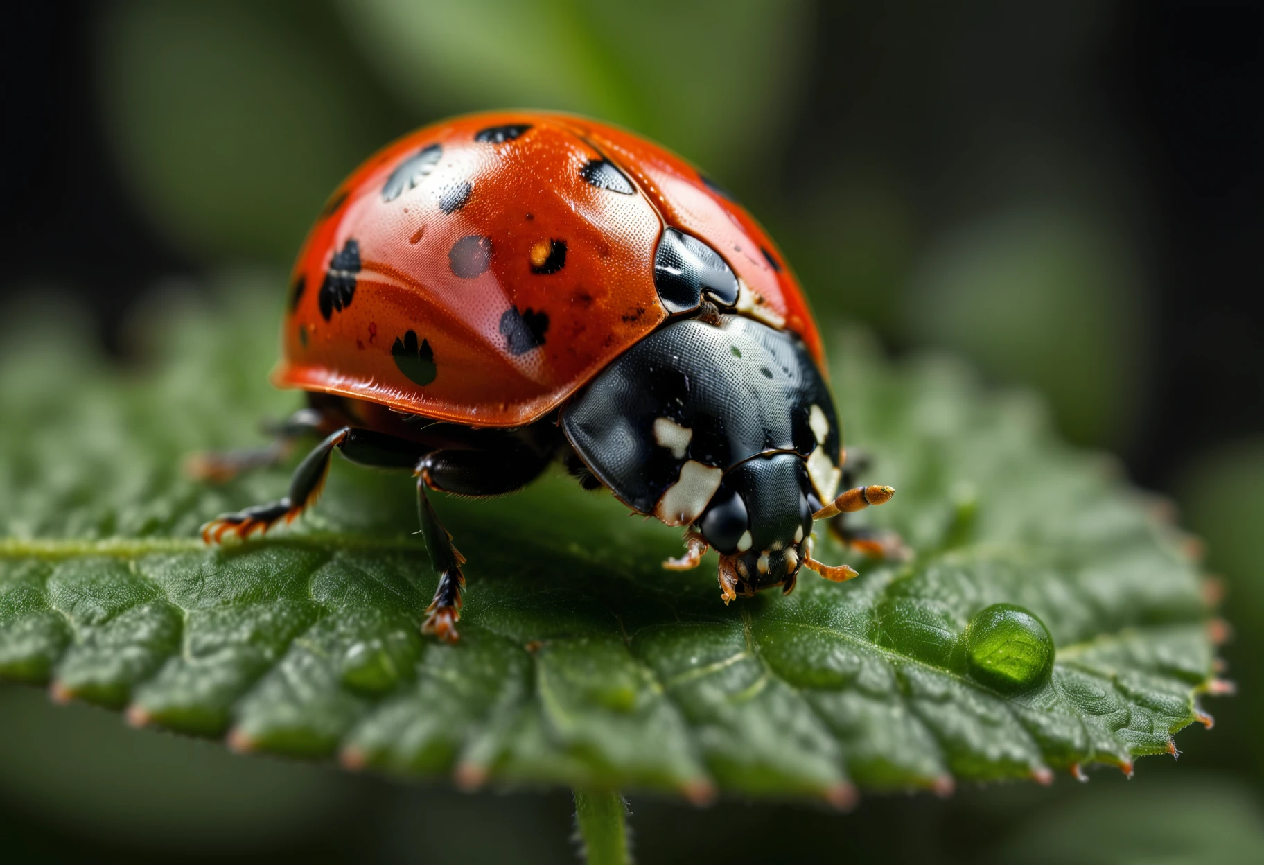 An extreme macro close up shot of a ladybug crawling on a tasty leaf