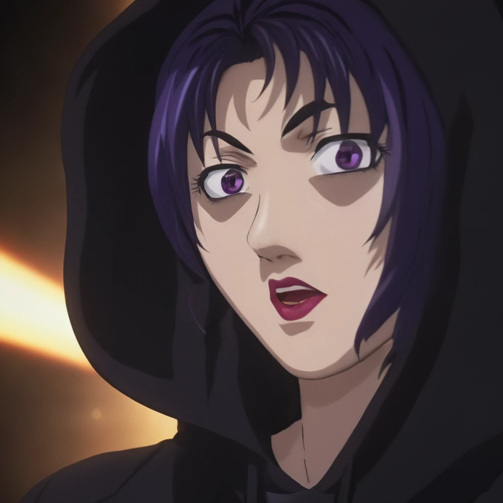 cinematic film still of <lora:Nami kozono:0.9>
Nami kozono a woman with a black hair and a rob hoodie,1girl,solo,black hair,1boy,male focus,teeth,parody,lipstick,clenched teeth,portrait,style parody ,purple hair, choppy hair, nerd, eroge,anime,manga,nsfw,cartoon,Adult animation,explicit,Original video animation, Baiburu Burakku style, Bible Black style, beam light above, god ray, shaft light, shallow depth of field, vignette, highly detailed, high budget, bokeh, cinemascope, moody, epic, gorgeous, film grain, grainy