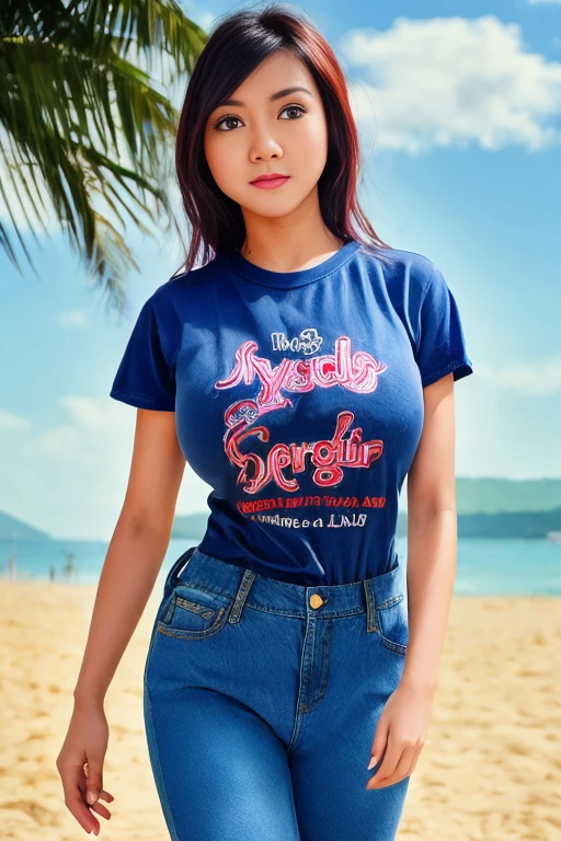 1girl, beautiful, <lora:Wiwid_Gunawan-000008:1>, Wiwid Gunawan. wearing baggy t shirt. denim pants. in a beach. busty. stylistic photoshoot, (photo realistic, top quality, masterpiece, best quality, high resolution, ultra details, extreme quality, sharp focus, soft lighting, dim lighting, best quality, hyper detailed: 1.69)