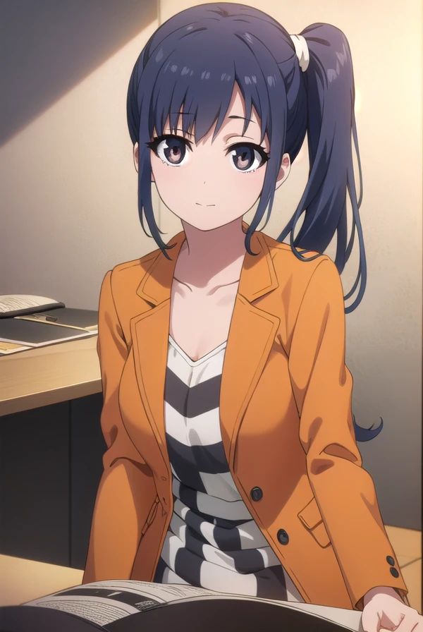 midoriimai, <lora:midori imai s1-lora-nochekaiser:1>,
midori imai, long hair, black hair, blue hair, (black eyes:1.3), side ponytail, smile,
BREAK dress, pantyhose, striped dress, jacket, orange jacket,
BREAK indoors, office,
BREAK looking at viewer, dynamic pose,
BREAK <lyco:GoodHands-beta2:1>, (masterpiece:1.2), best quality, high resolution, unity 8k wallpaper, (illustration:0.8), (beautiful detailed eyes:1.6), extremely detailed face, perfect lighting, extremely detailed CG, (perfect hands, perfect anatomy),