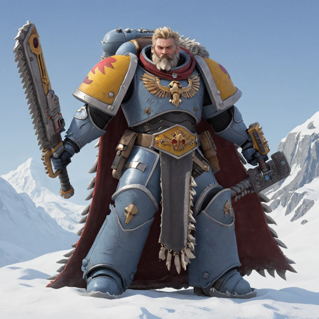 a spcwlf man in power armor, blond hair, beard, braids, holding (a 40kchainsword) in his hands, fur cloak,   snow, ice, blizzard, battlefield, glory, charge,  High quality 3D rendering, fantasy, Pixar 3D character design style, ZBrush high-polygon modeling,