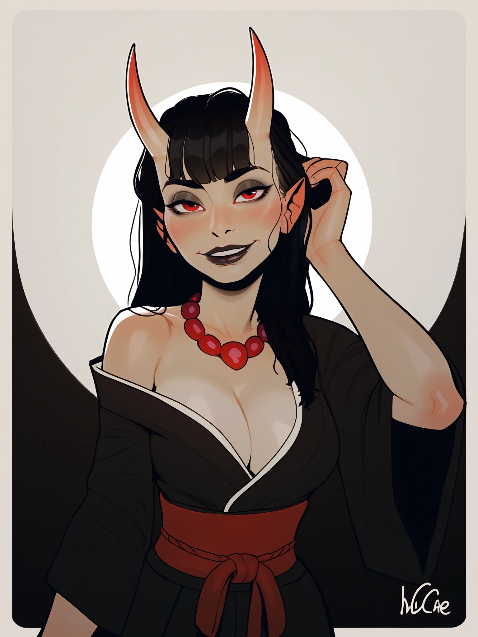 score_9, score_8_up, score_7_up, score_6_up, score_5_up, score_4_up,
BREAK
1girl, black hair, long hair, straight hair, blunt bangs, hime cut, gem necklace, red gem, red eyes, black eyeshadow, black lips, oni horns, adjusting hair, asymmetrical hair, seductive smile,
BREAK
solo, cowboy shot, black kimono, japanese clothes, off shoulder, medium breasts, cleavage,
BREAK
black background, incase, <lora:Lunas-InCase-SDXL-A3:1>