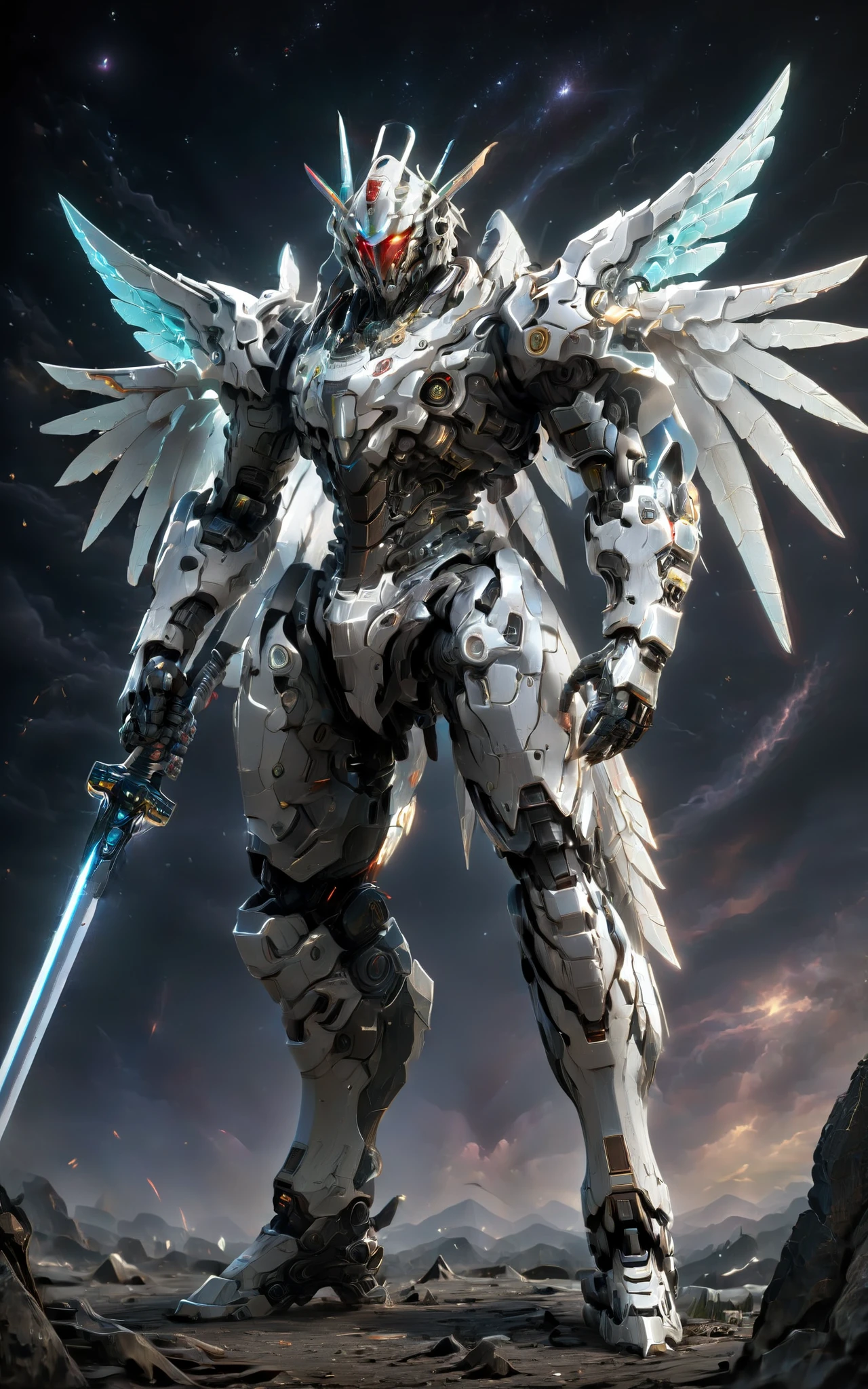 robot TR mecha style,masterpiece,best quality,extremely high detailed,intricate,8k,HDR,wallpaper,cinematic lighting,(universe),(holding sword:1.3),glowing,armor,glowing eyes,large wings