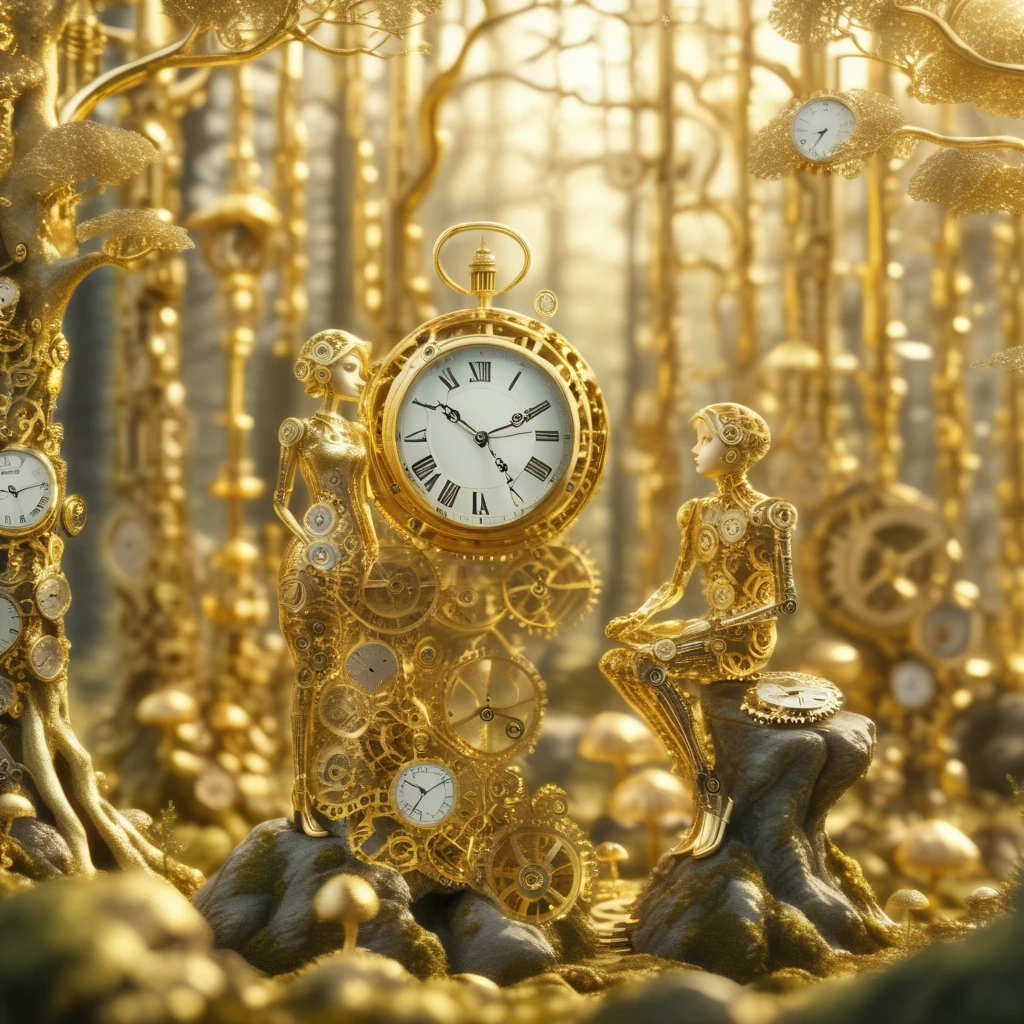 timeart golden clock lovers in forest<lora:timeart:1>