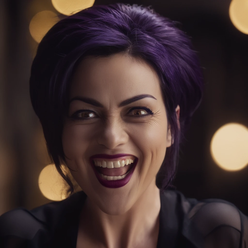 cinematic film still of  <lora:Nami kozono:0.9>
Nami kozono a cinematic realistic photo of a sinister woman with an evil laugh smile and dark purple hair and golden brown eyes, shallow depth of field, vignette, highly detailed, high budget, bokeh, cinemascope, moody, epic, gorgeous, film grain, grainy