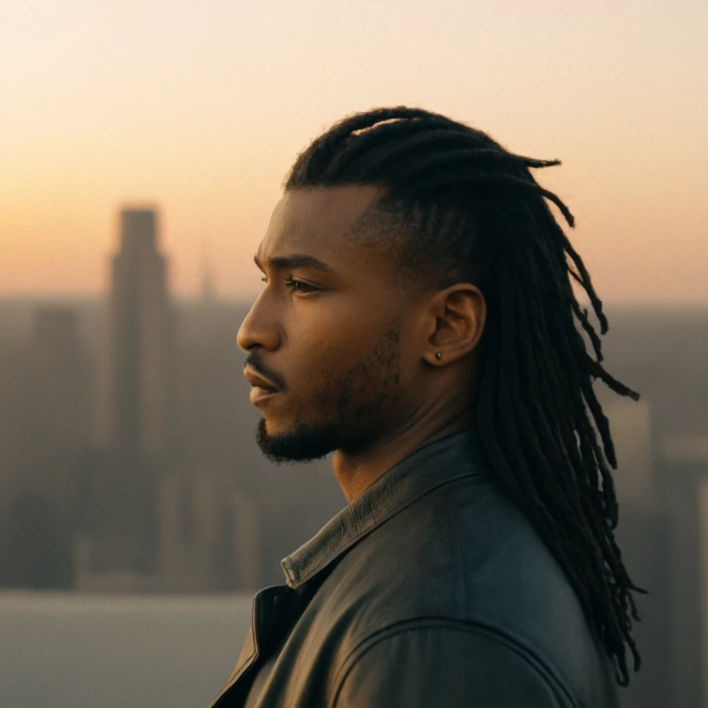 pretty, black male, long black hair, sunset in a big city, 35mm film photography