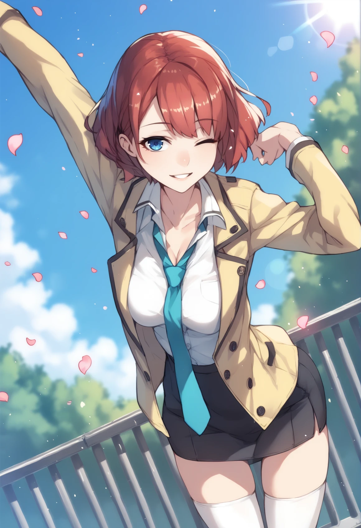 1girl, aqua necktie, arm behind head, arms up, black skirt, blue background, blue eyes, blue sky, blurry, breasts, bush, buttons, cleavage, cloud, collarbone, collared shirt, cowboy shot, day, depth of field, dutch angle, falling petals, glint, hair intakes, half-closed eye, happy, jacket, leaning forward, lens flare, long sleeves, looking at viewer, medium breasts, miniskirt, necktie, one eye closed, open clothes, open jacket, outdoors, parted lips, pencil skirt, petals, railing, red hair, , shirt, shirt tucked in, short hair, sidelocks, skirt, sky, smile, solo, standing, stretching, teeth, thighhighs, thighs, undone necktie, white shirt, white thighhighs, yellow jacket, zettai ryouiki score_9, score_8_up, score_7_up, score_6_up, score_5_up, score_4_up, BREAK source_anime, masterpiece