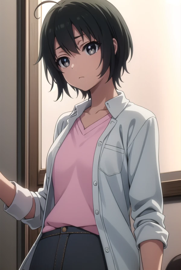 misatoudou, <lora:misa toudou s1-lora-nochekaiser:1>,
misa toudou, short hair, black hair, ahoge, (black eyes:1.3),
BREAK shirt, plaid shirt, open clothes, pink shirt, pants,
BREAK indoors, office,
BREAK looking at viewer, dynamic pose,
BREAK <lyco:GoodHands-beta2:1>, (masterpiece:1.2), best quality, high resolution, unity 8k wallpaper, (illustration:0.8), (beautiful detailed eyes:1.6), extremely detailed face, perfect lighting, extremely detailed CG, (perfect hands, perfect anatomy),