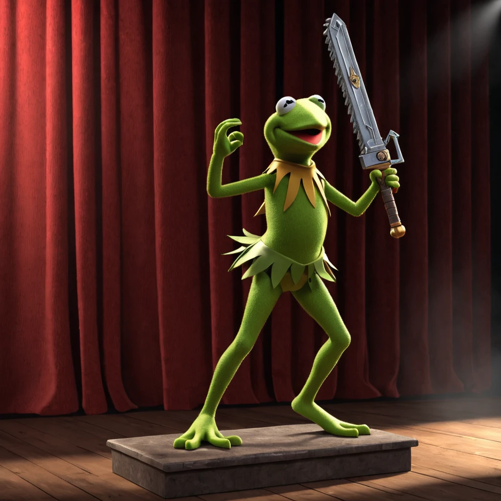 Kermit The Frog holding (a 40kchainsword) in his hand  theatre, on stage, red curtains, spotlights, dancing girls,  High quality 3D rendering, fantasy, Pixar 3D character design style, ZBrush high-polygon modeling,