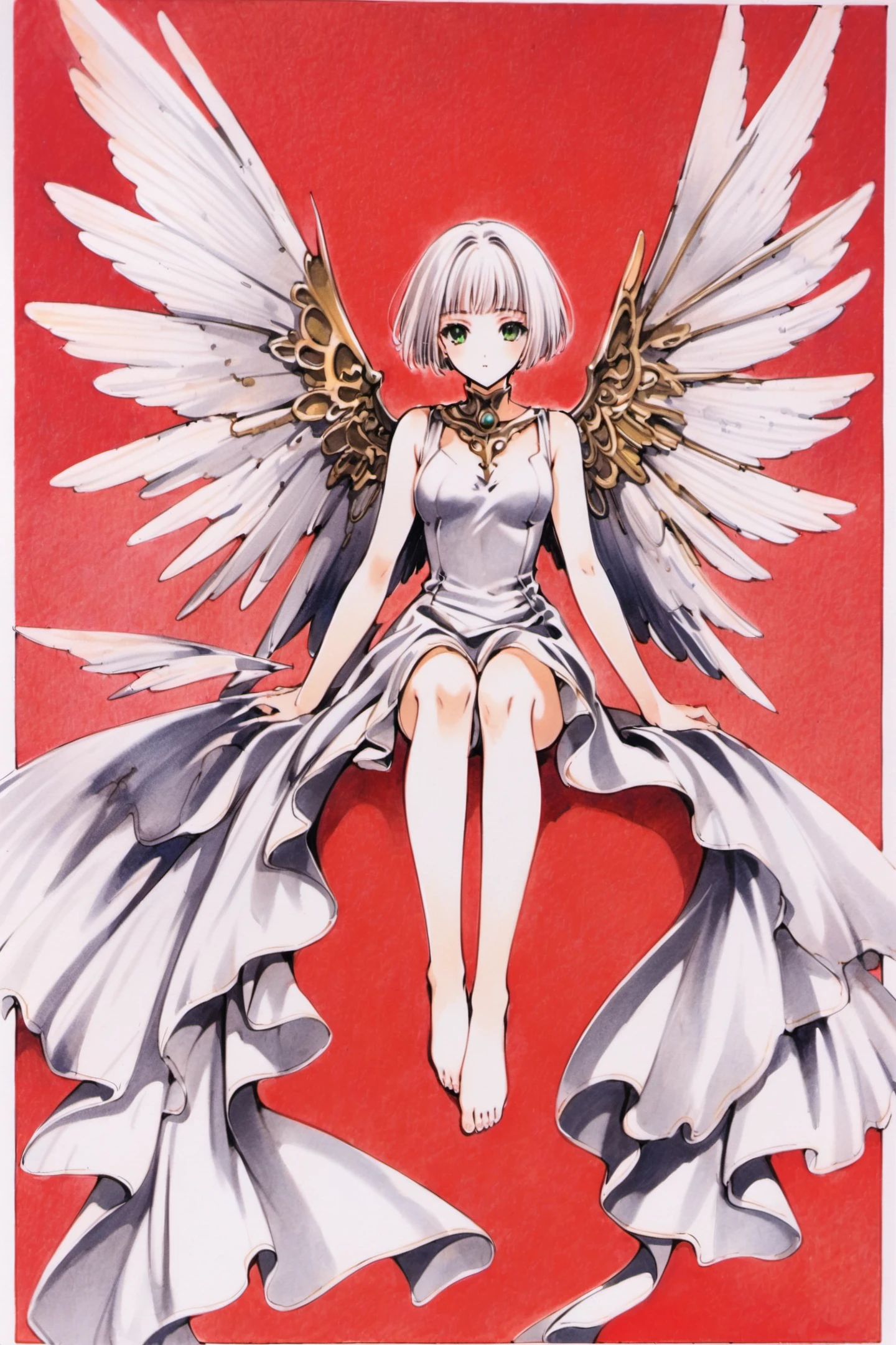 Sue,1girl,solo,barefoot,short hair,feet,white hair,wings,dress,red background,bob cut,sitting,green eyes,traditional media,<lora:clover_XL:0.8>,