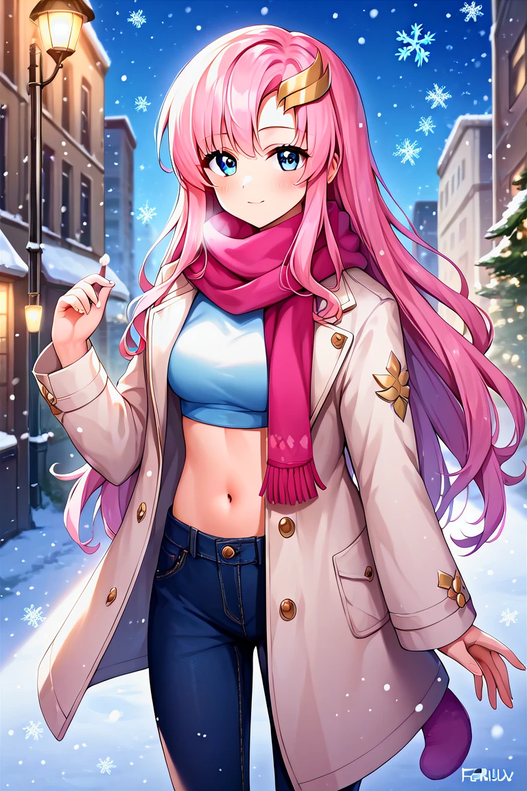 score_9, score_8_up, score_7_up, score_6_up, score_5_up, score_4_up, rating_questionable, , source_anime, digital illustration, pixiv, fanbox, uncensored, , BREAK, official art,
1girl, solo, female, lacus clyne, blue eyes, pink hair, hair ornament, gold hair ornament, straight hair, very long hair,
crop top, scarf, long scarf, long coat, open coat, navel, pants, snow, snowing, snowflakes, outdoors, street, city, buildings, blush, looking at viewer, cowboy shot, colorful, vivid <lora:Lacus_clyne_Pony-000009:0.9>