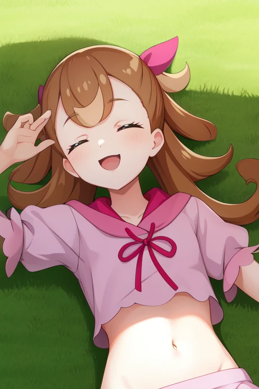 inukaikomugi, sleeping, lying, on back, on grass, midriff, open mouth, smile