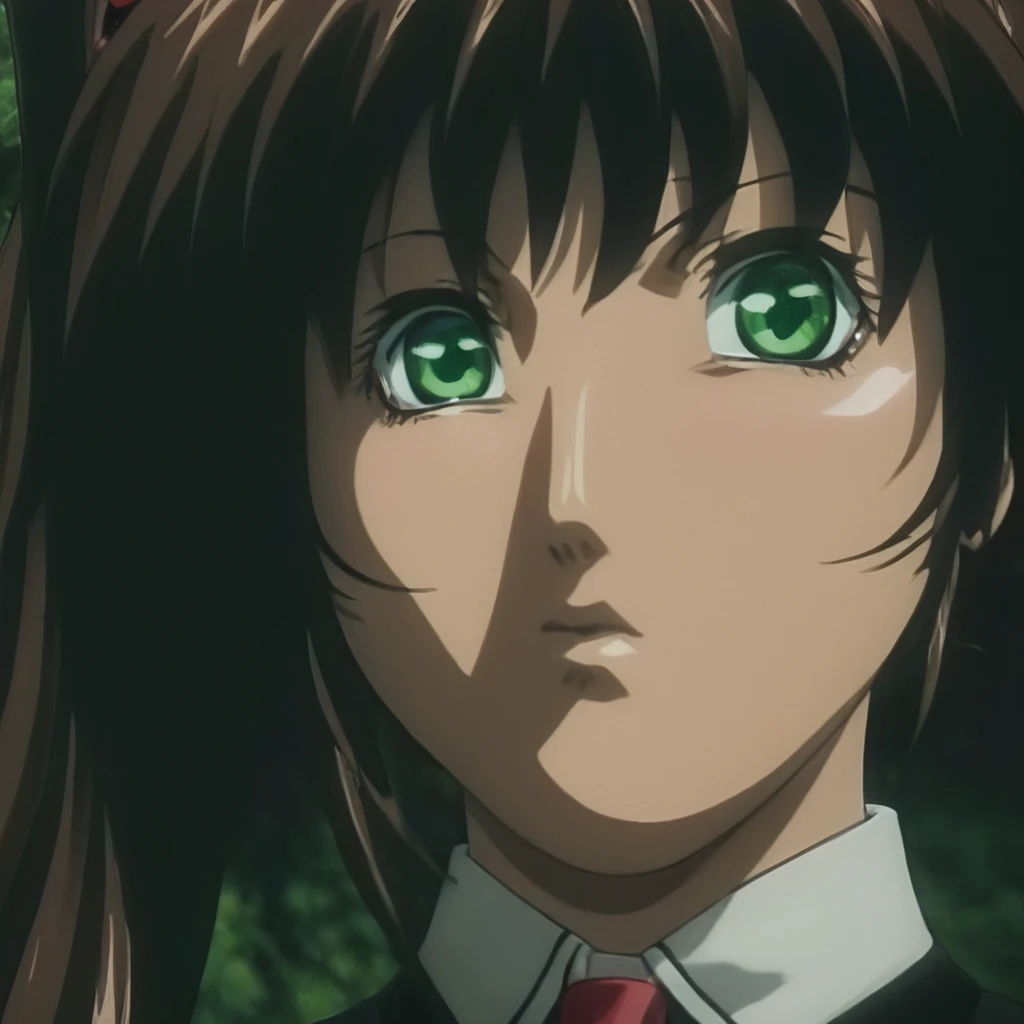 cinematic film still of  <lora:BB_Kurumi Imari :1>
Low angle from below,Kurumi Imari a wide eyes staring woman with long hair and a red bow,1girl,solo,black hair,green eyes,parody,close-up,brown hair,long hair,pony tail,eroge,anime,manga,nsfw,cartoon,Adult animation,explicit,Original video animation,Baiburu Burakku style,Bible Black style green_eyes, eroge,anime,manga,nsfw,cartoon,Adult animation,explicit,Original video animation, Baiburu Burakku style, Bible Black style,villain0, shallow depth of field, vignette, highly detailed, high budget, bokeh, cinemascope, moody, epic, gorgeous, film grain, grainy
