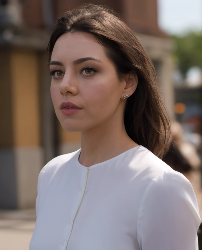 a picture of 4ubrey, brunette, realistic, photorealistic, detailed skin, surface scattering, bokeh, skin pores, <lora:4ubrey:1> city streets,detailed face,wearing a white blouse,park background