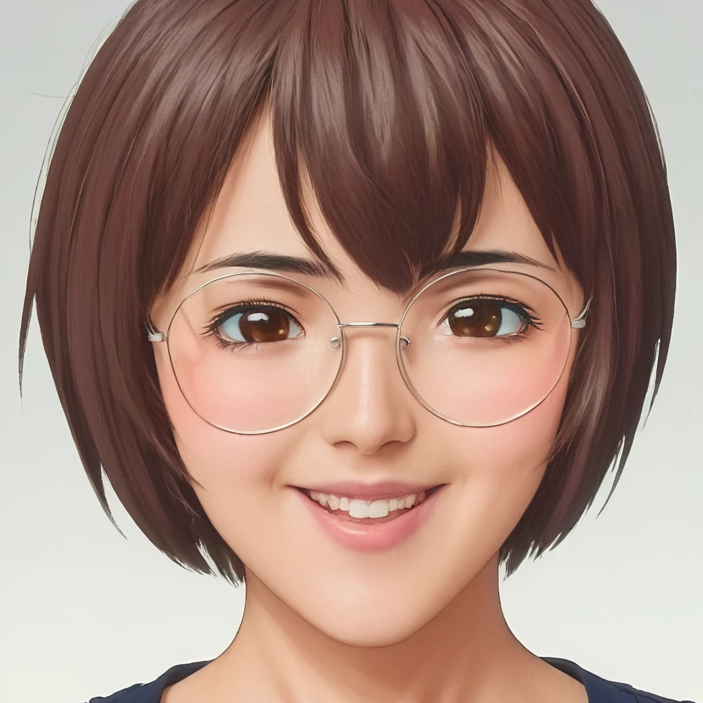 anime artwork of <lora:Miyuki Nonogusa:1>
Miyuki Nonogusa a woman with glasses and a realistic smile is staring at the camera,1girl,solo,looking at viewer,short hair,bangs,simple background,brown hair,white background,brown eyes,parted lips,glasses,lips,portrait,round eyewear ,brown hair, short choppy hair, nerd, eroge,anime,manga,nsfw,cartoon,Adult animation,explicit,Original video animation, Baiburu Burakku style, Bible Black style, closeup, anime style, key visual, vibrant, studio anime, highly detailed