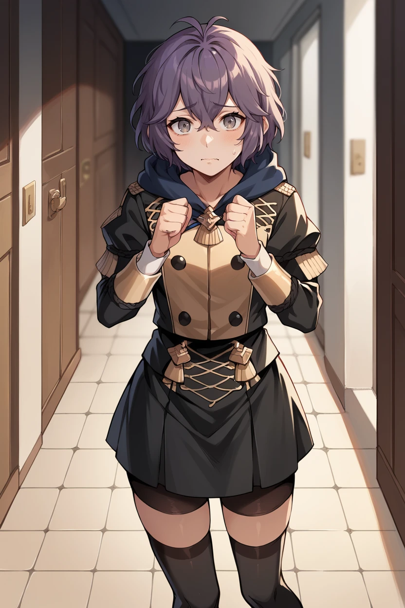 score_9, score_8_up, score_7_up, score_6_up, source_anime, 1girl BREAK <lora:bernadetta-pdxl-nvwls-v1:1> defBernie, messy hair, black uniform, hood down, black skirt, black thighhighs, nervous, three-quarters shot, looking at viewer, hallway, wooden building, clenched hands, upper body, fantasy