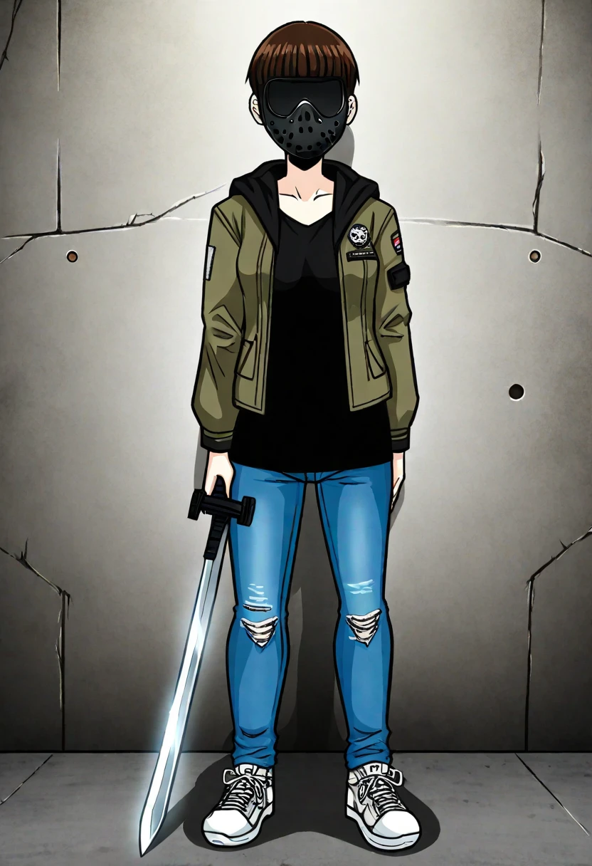 1girl,joypayday,solo,standing,Jacket,hood down,black shirt,jeans,full body,sneakers,wearing hockey mask,holding sword,covered eyes,in concrete tunnel,very short hair,bowl cut,small breasts, <lora:JoyPonyXL:0.75>,
