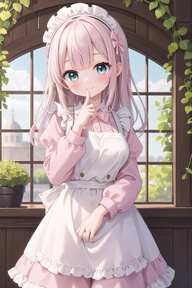 insanely detailed, absurdres, ultra-highres, ultra-detailed, best quality,
1girl, solo, nice hands, perfect hands,
BREAK
apron, blush, bow, bowtie, frilled apron, frills, long sleeves, maid, maid apron, maid headdress, waist apron, white apron
BREAK
smile, closed mouth
BREAK
finger to mouth, index finger raised, shushing, cowboy shot, looking at viewer,
BREAK
slender, kawaii, perfect symmetrical face, ultra cute girl, ultra cute face, ultra detailed eyes, ultra detailed hair, ultra cute, ultra beautiful,
BREAK
day, flower, ivy, leaf, indoors, open door, plant, potted plant, vines, window,
BREAK
white (pink:1.2) hair, green eyes, long hair, medium breasts, bangs, eyebrows visible through hair,