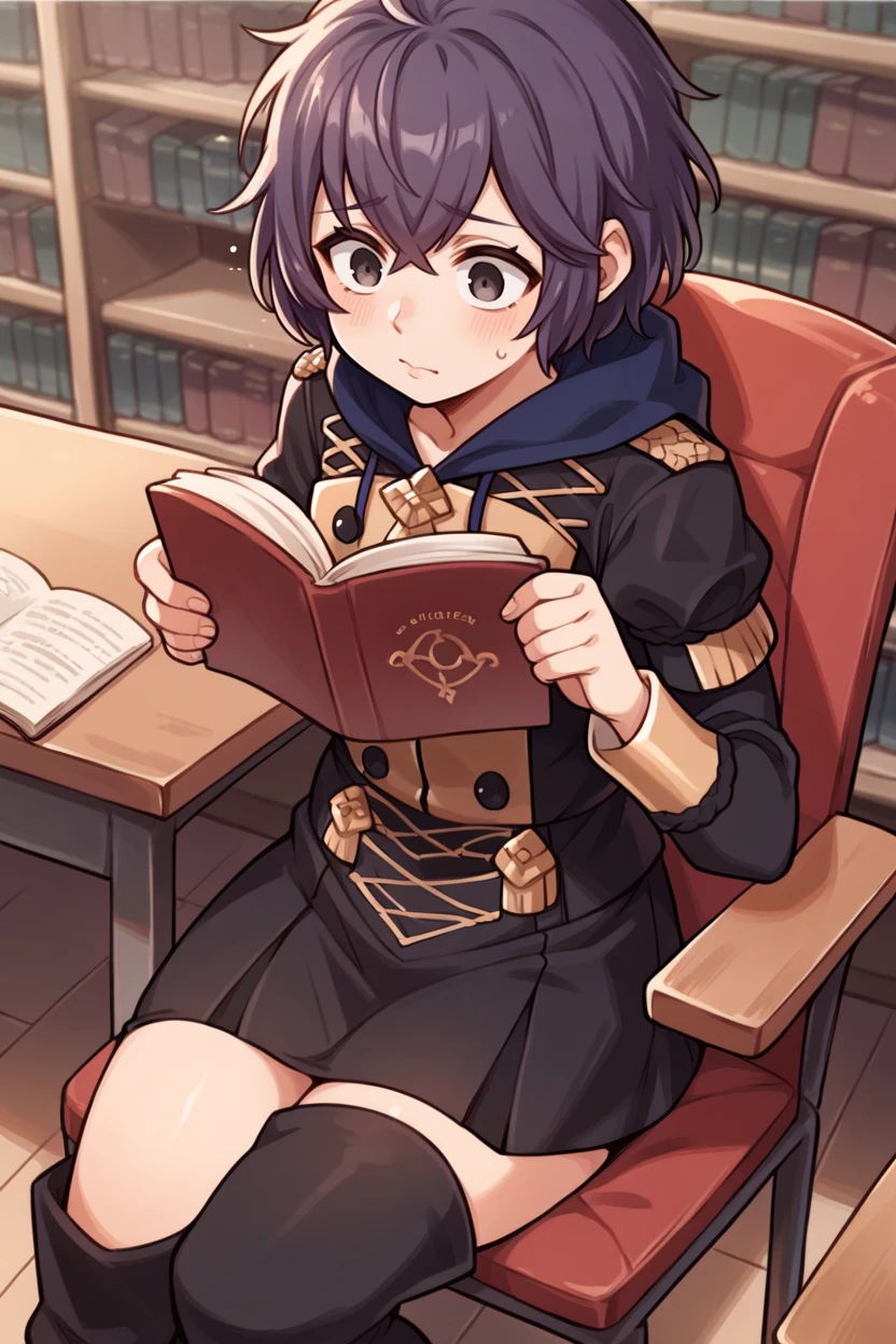 score_9, score_8_up, score_7_up, score_6_up, source_anime, 1girl BREAK <lora:bernadetta-pdxl-nvwls-v1:1> defBernie, messy hair, black uniform, hood down, long sleeves, black skirt, thigh boots, sitting, desk, chair, library, reading book