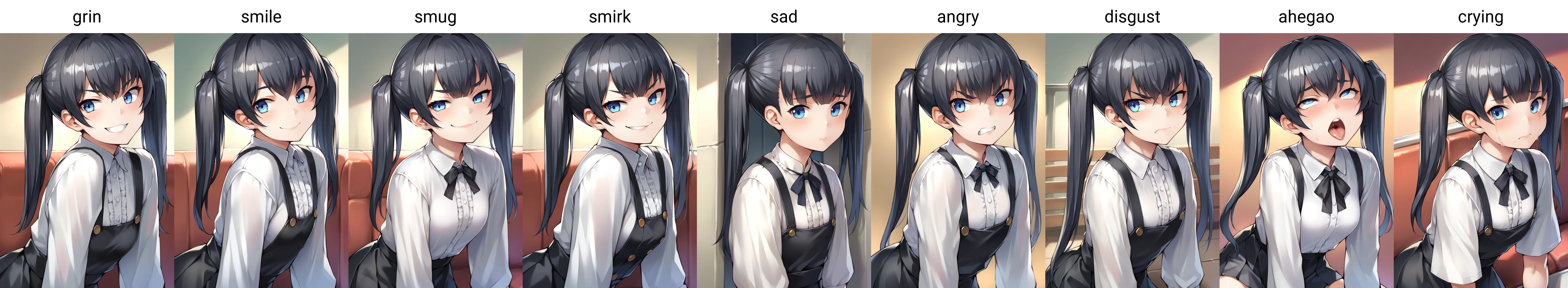 score_9, score_8_up, score_7_up, source_anime, 1girl,blue eyes,twintails, black hair, white blouse, black skirt, grin,looking at viewer, from front, by bosshi <lora:Bosshi-Style-PonyXL-000042:1>