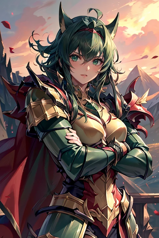 hxarmour,1girl,(dark green armour:1.8),mountain,Crossed arms,<lora:HXarmour_008:0.8>,