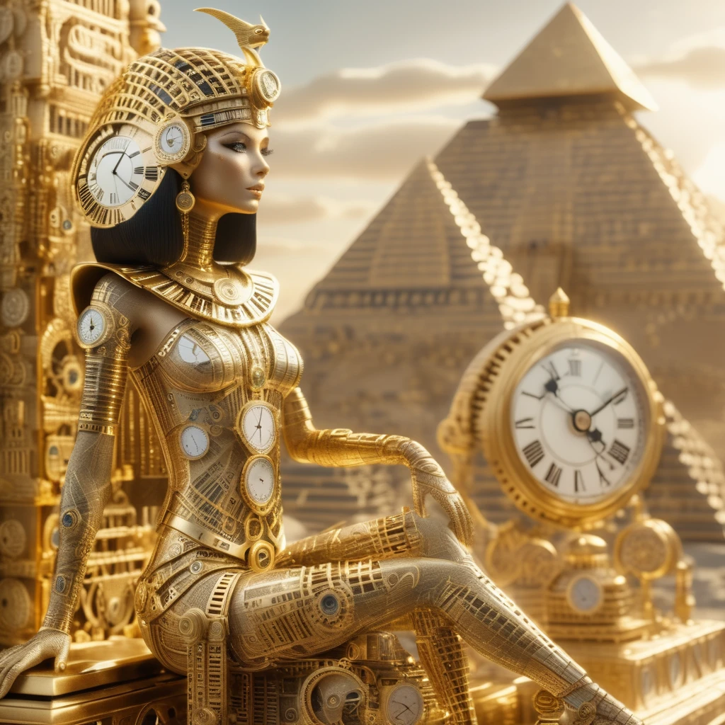 timeart beautiful golden clock Cleopatra in a costume from that time, with the pyramids in the background, very realistic, very detailed, cinematic, professional light<lora:timeart:1>