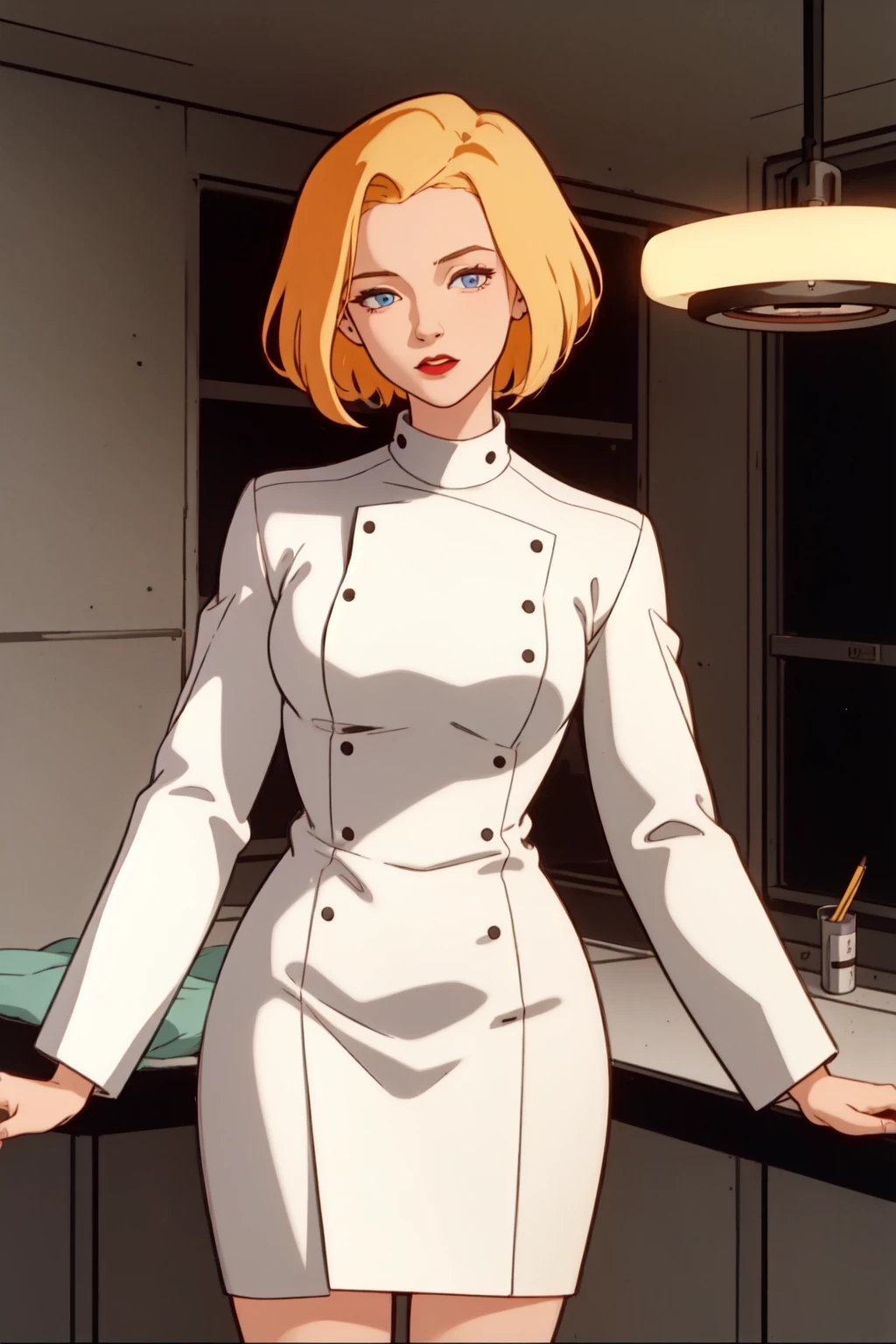 masterpiece, high quality, detailed, AgentL, 1girl, solo, blue eyes, short hair, blonde hair, LabCoat, pencilskirt, long sleeves, 1990s (style)