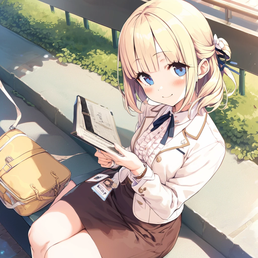 best_quality,masterpiece,<lora:CURA_SDXL_V1:1>,hinai paulette,1girl,solo,smile,blue eyes,ribbon,sitting,blonde hair,skirt,half updo,holding,blush,frills,looking at viewer,hair ribbon,bangs,jacket,shirt,outdoors,long sleeves,short hair,bag,closed mouth,neck ribbon,white shirt,