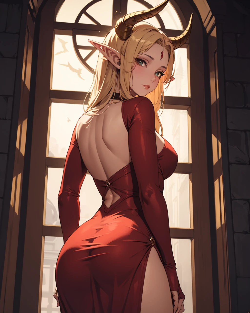 adult girl, longue blonde hair, red eyes, Red Dragon Horns, tattoo, naked, nipples, view from behind, Masterpiece, hiquality, 4k, HD, Good detail