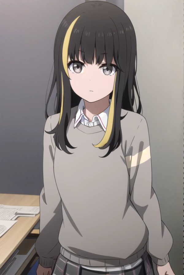 tsubakiandou, <lora:tsubaki andou s1-lora-nochekaiser:1>,
tsubaki andou, long hair, blonde hair, black hair, multicolored hair, streaked hair, (grey eyes:1.3),
BREAK skirt, shirt, pantyhose, collared shirt, sweater,
BREAK indoors, office,
BREAK looking at viewer, dynamic pose,
BREAK <lyco:GoodHands-beta2:1>, (masterpiece:1.2), best quality, high resolution, unity 8k wallpaper, (illustration:0.8), (beautiful detailed eyes:1.6), extremely detailed face, perfect lighting, extremely detailed CG, (perfect hands, perfect anatomy),