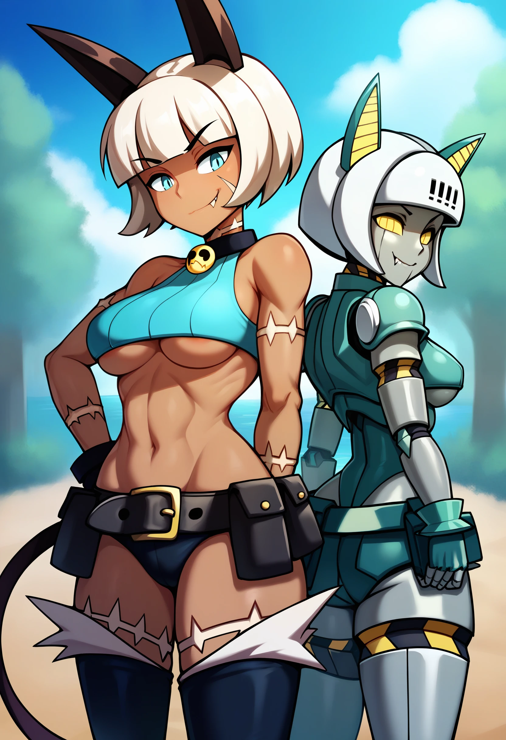 score_9, miss-fortune, robo-fortune, crop top, animal ears, tail, 2girls, robot, robot joints, humanoid robot, colored skin, android, multiple girls, belt pouch, bob cut, dark skin, scar, yellow eyes, blue eyes, dark-skinned female, underboob, white hair, short hair, medium breasts, smirk, fang, gloves, outdoors <lora:Miss-robo-Fortune:0.8>
