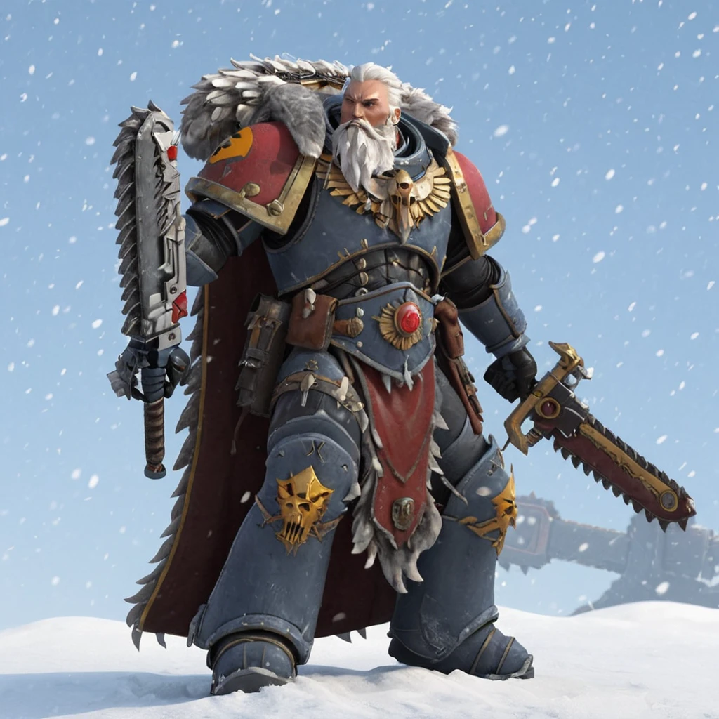 a spcwlf man in power armor, white hair, long fangs, beard, braids, holding (a 40kchainsword) in his hands, fur cloak,   snow, ice, blizzard, battlefield, glory, charge,  High quality 3D rendering, fantasy, Pixar 3D character design style, ZBrush high-polygon modeling,