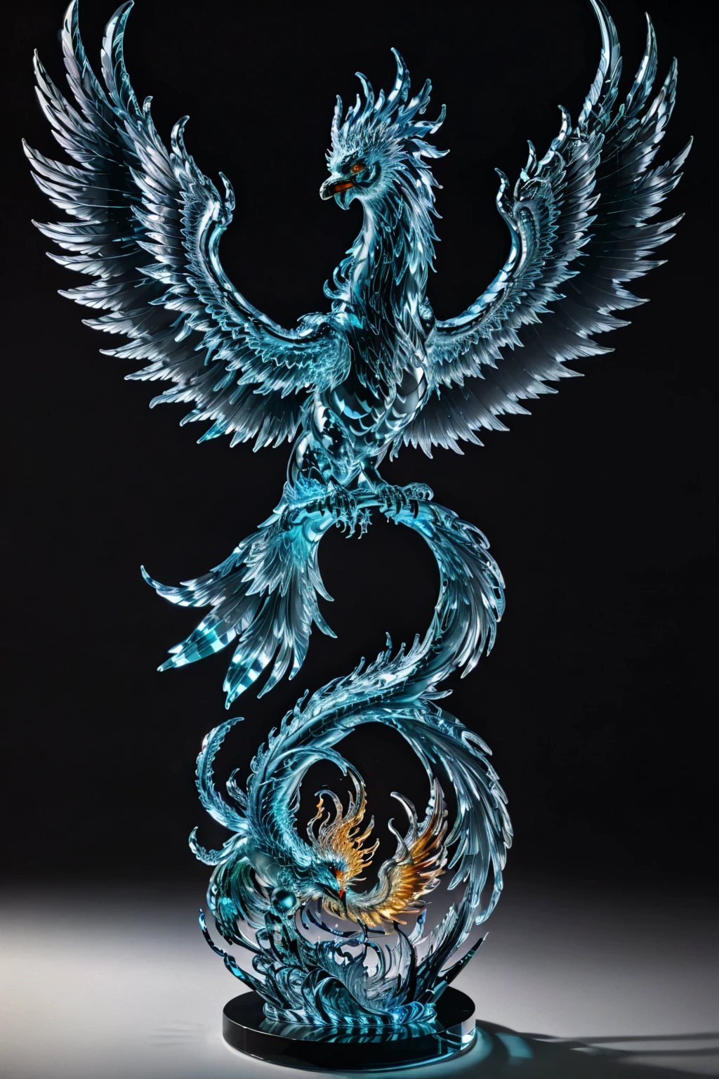 ((best quality)),absurdres, (ultra high res), glass sculpture of a ((phoenix)), no humans, extremely detailed, (realistic), (8k), (Masterpiece), <lora:sculpture:0.8>