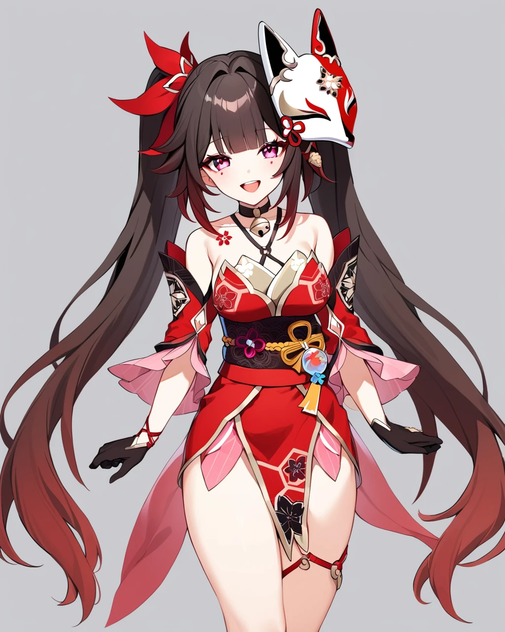 masterpiece, best quality,<lora:sparkle_v3:1>,1girlï¼soloï¼arms_at_sides, 1girl, grid_background, neck_bell, obi, looking_at_viewer, bell, honkai_(series), simple_background, choker, border, full_body, bow, black_gloves, sleeveless, large_breasts, sparkle_(honkai:_star_rail), upper_teeth_only, white_border, sidelocks, black_choker, open_mouth, sash, chibi, smile, honkai:_star_rail, grey_background, pelvic_curtain, red_dress, mask, dress, gloves, sleeveless_dress, short_dress, hair_bow, solo, single_glove, mask_on_head, breasts, :d, teeth, red_bow, fox_mask