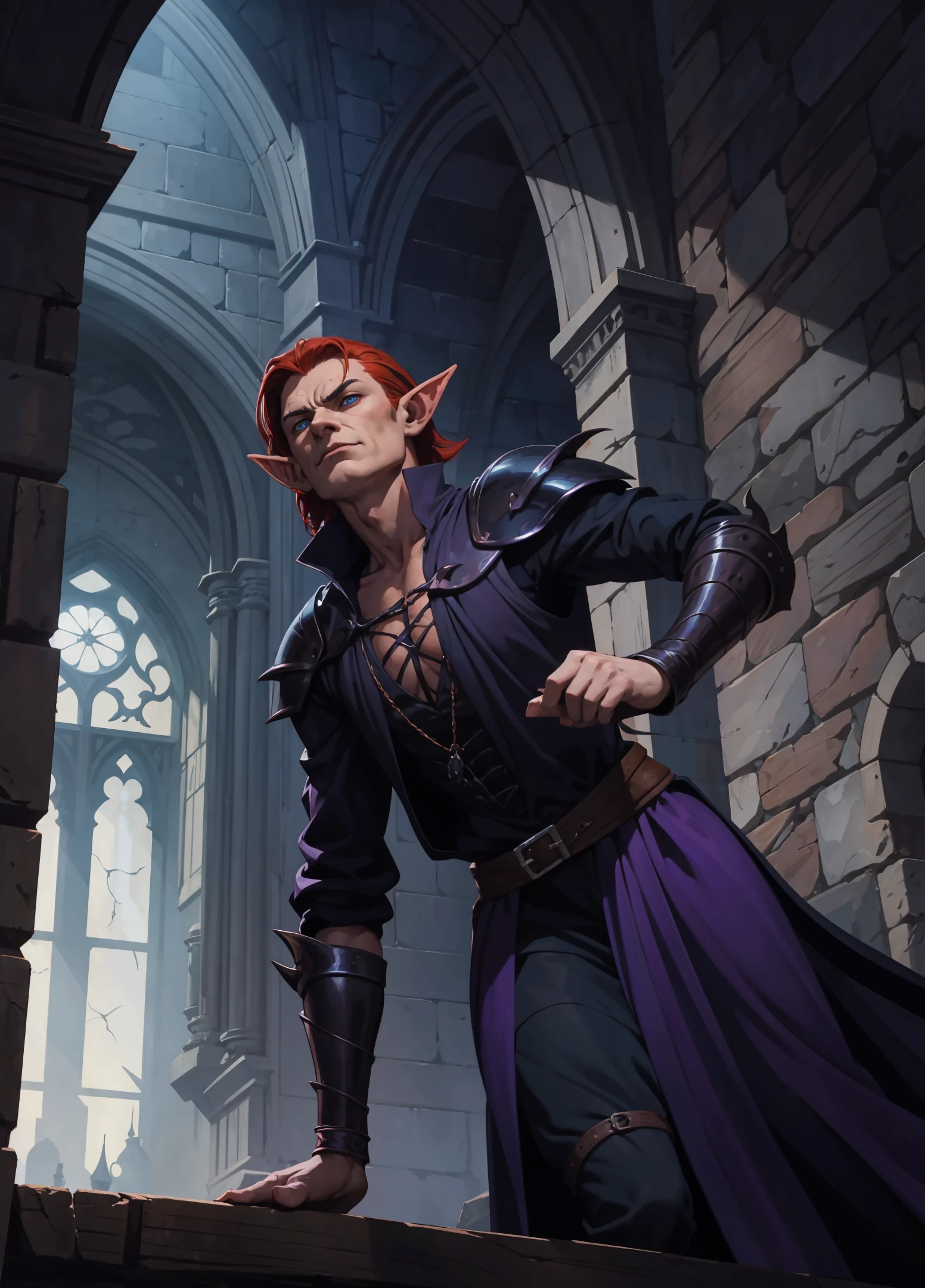(brom:1.3), portrait in tight space, young elf boy vampire mage sneaking in gothic castle, seen from below, dramatic, interior shot, short red hair, medieval, dark fantasy themes, orange purple blue