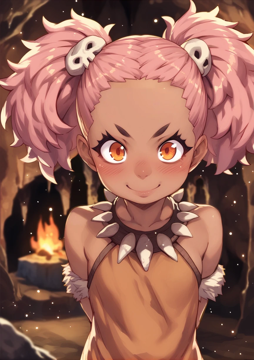 1girl, solo, dark skin, evil, evil smile, reaching viewer, orange eyes, pink hair, messy hair, twintails, hands behind back, closing to the viewer, cavewoman, fur, bone hair ornament, jewelry prehistoric, evil smile, closed mouth, blush, indoors, cave, bonfire <lora:tasaka_shinnosuke cyocyo:1>, score_9, score_8_up, score_7_up, score_6_up, score_5_up, score_4_up, BREAK source_anime, masterpiece